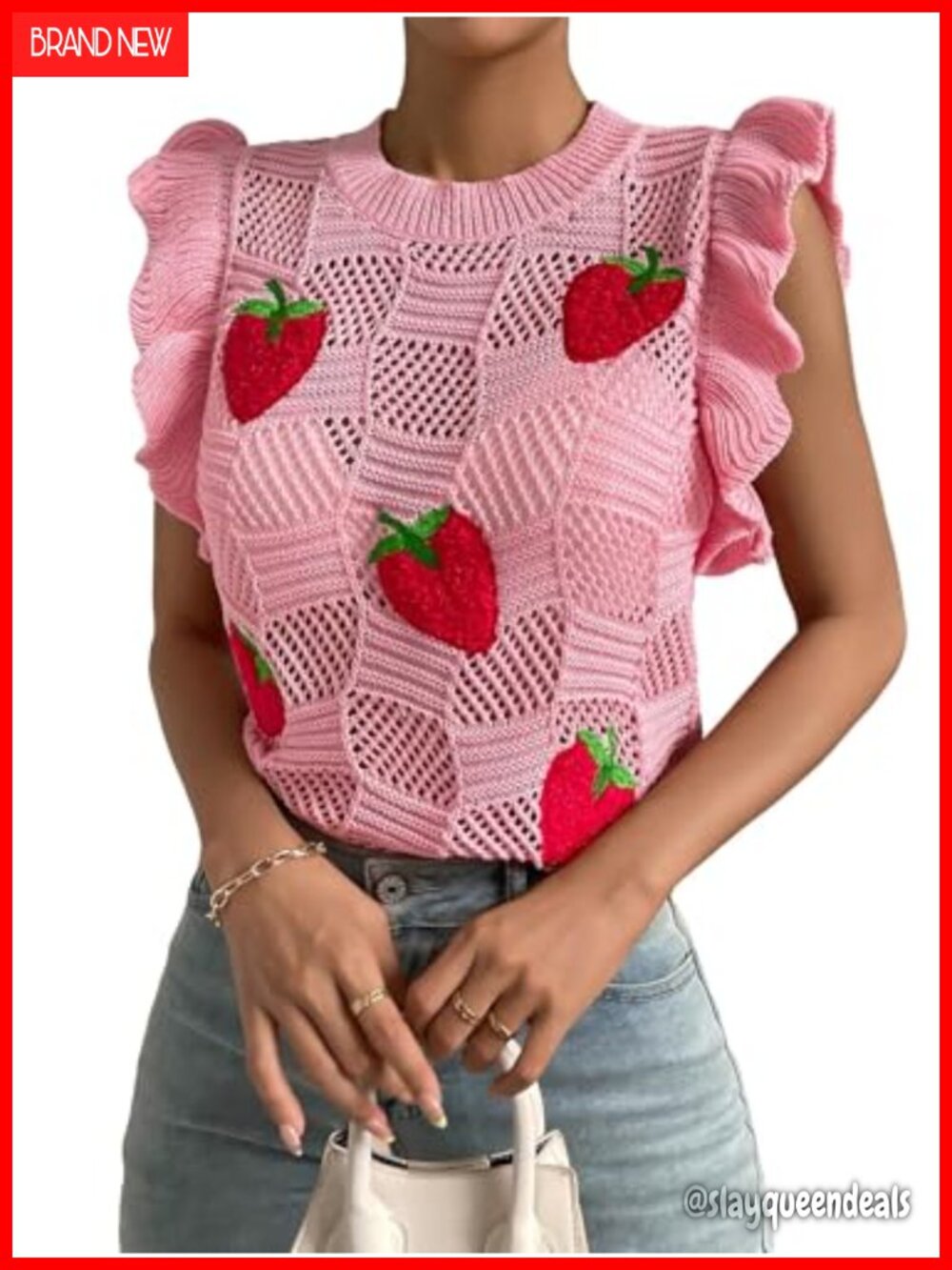 Milumia Strawberry Sweater Vest Ruffle Trim Crew Neck Knit Tank Top